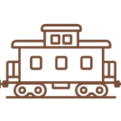 Train car icon, brown outline on black.