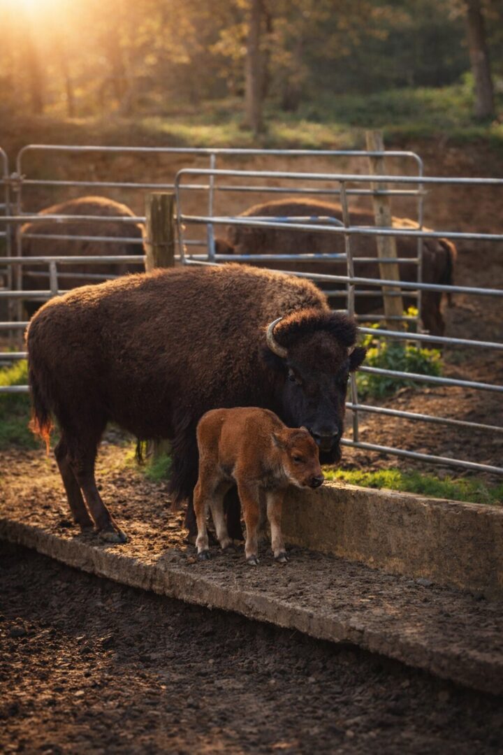 Bison and calf standing together at sunset.