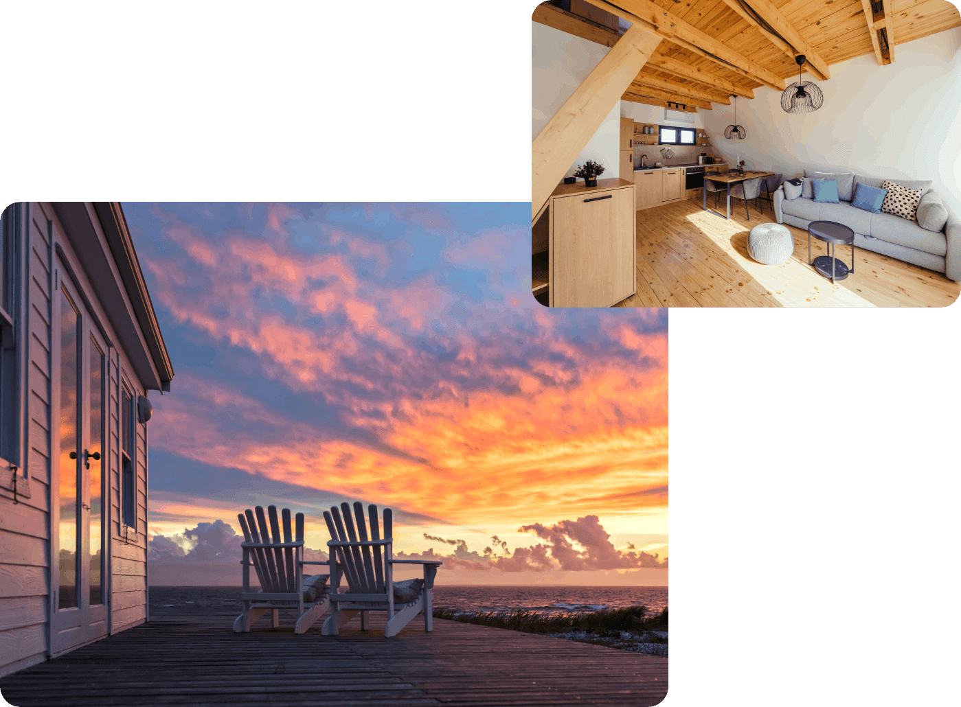 Sunset view and cozy living room interior.