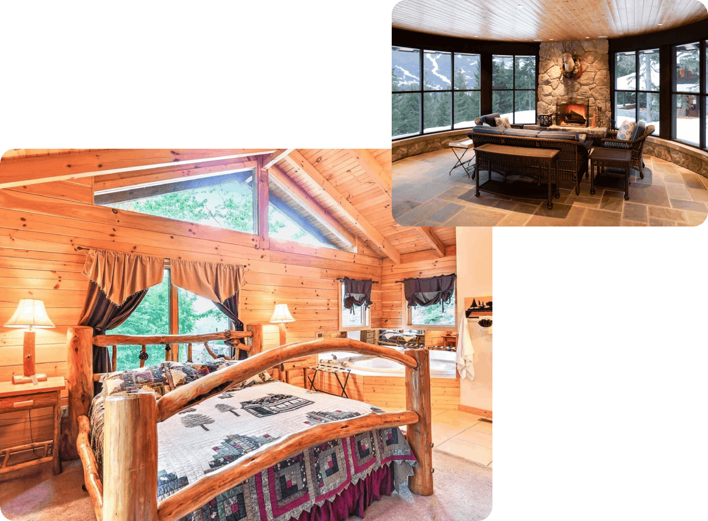 Rustic bedroom and cozy dining area.