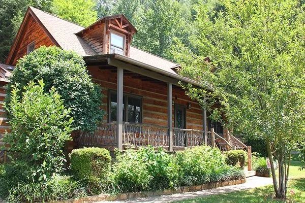 Rustic wooden cabin surrounded by lush greenery.