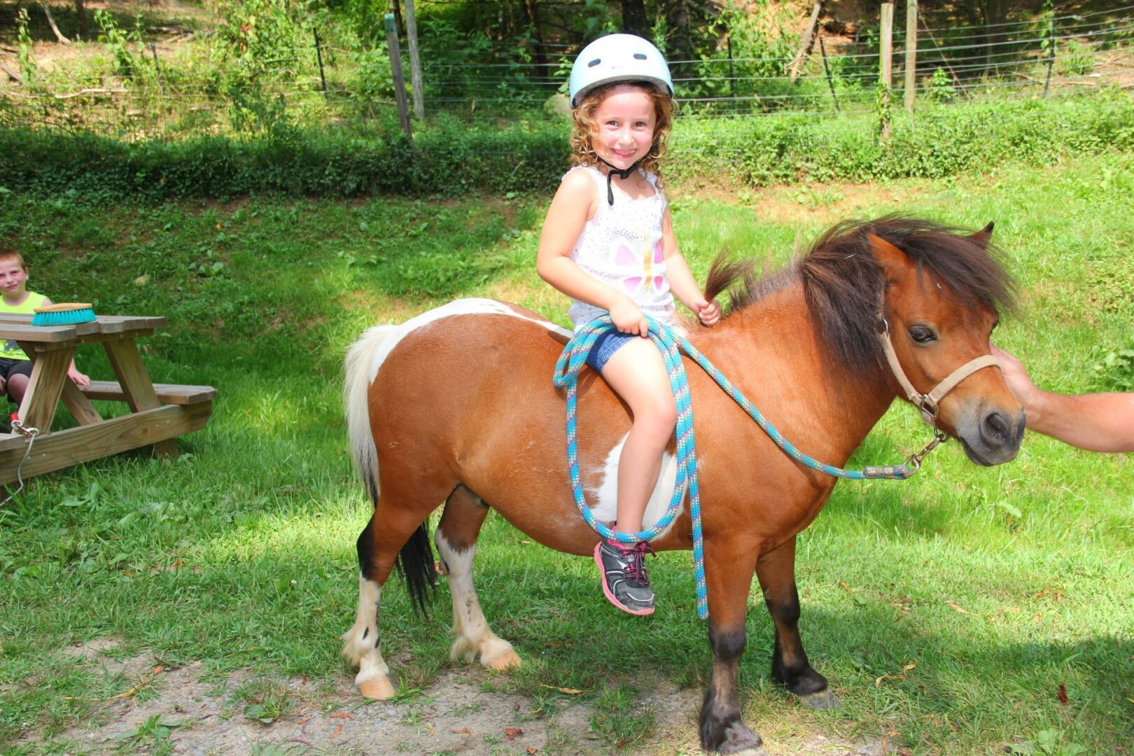 Child riding a pony, wearing a helmet.