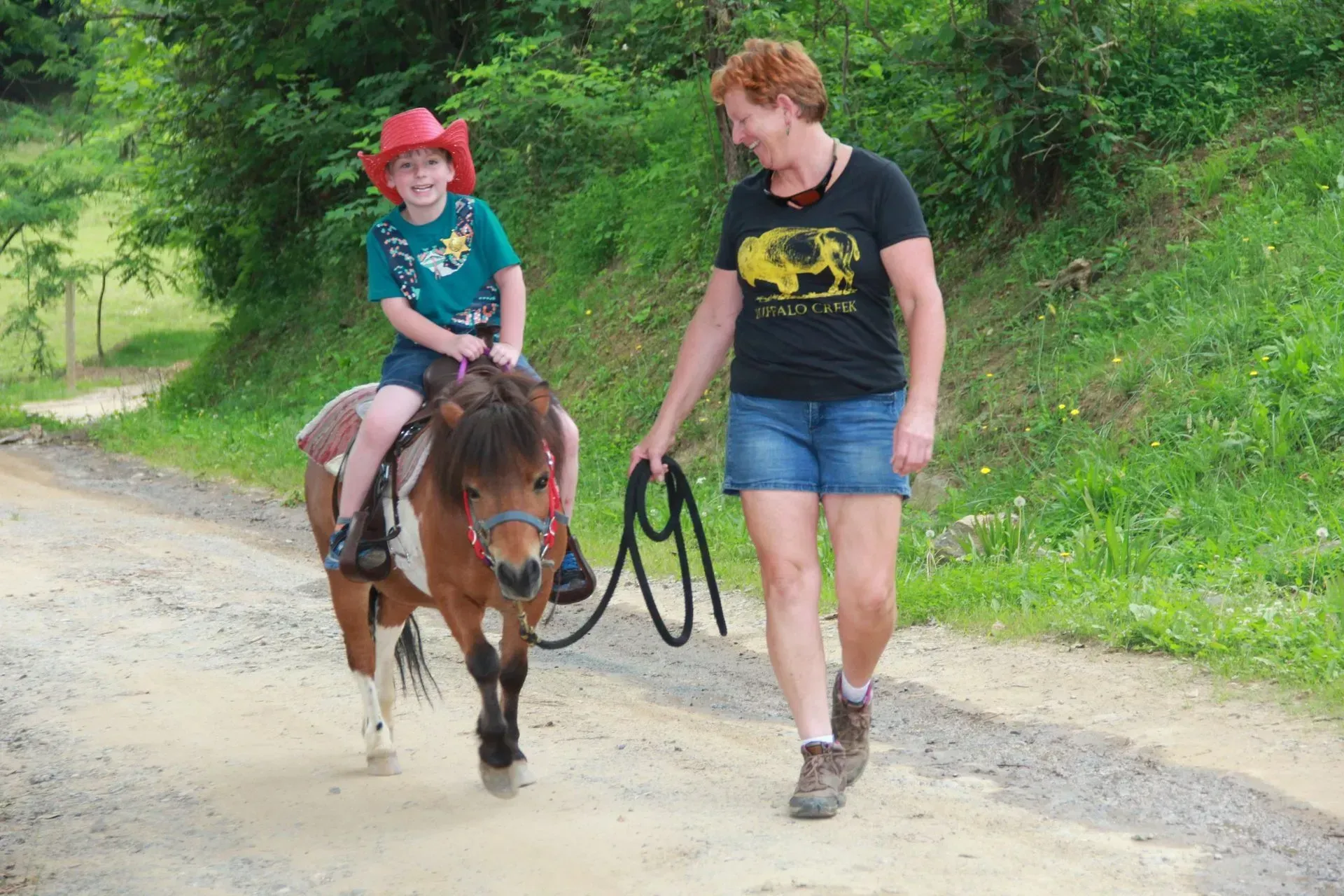 Child riding pony led by adult woman.