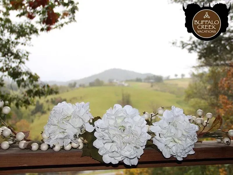 White flowers overlooking a scenic countryside view.
