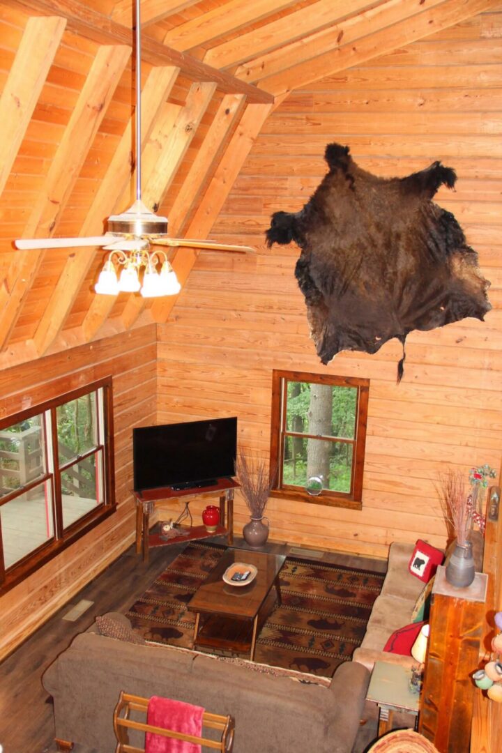 Cozy wooden cabin interior with bear rug.