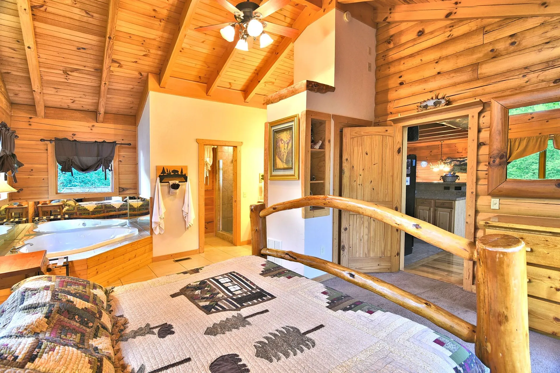 Rustic log cabin bedroom with wooden decor.