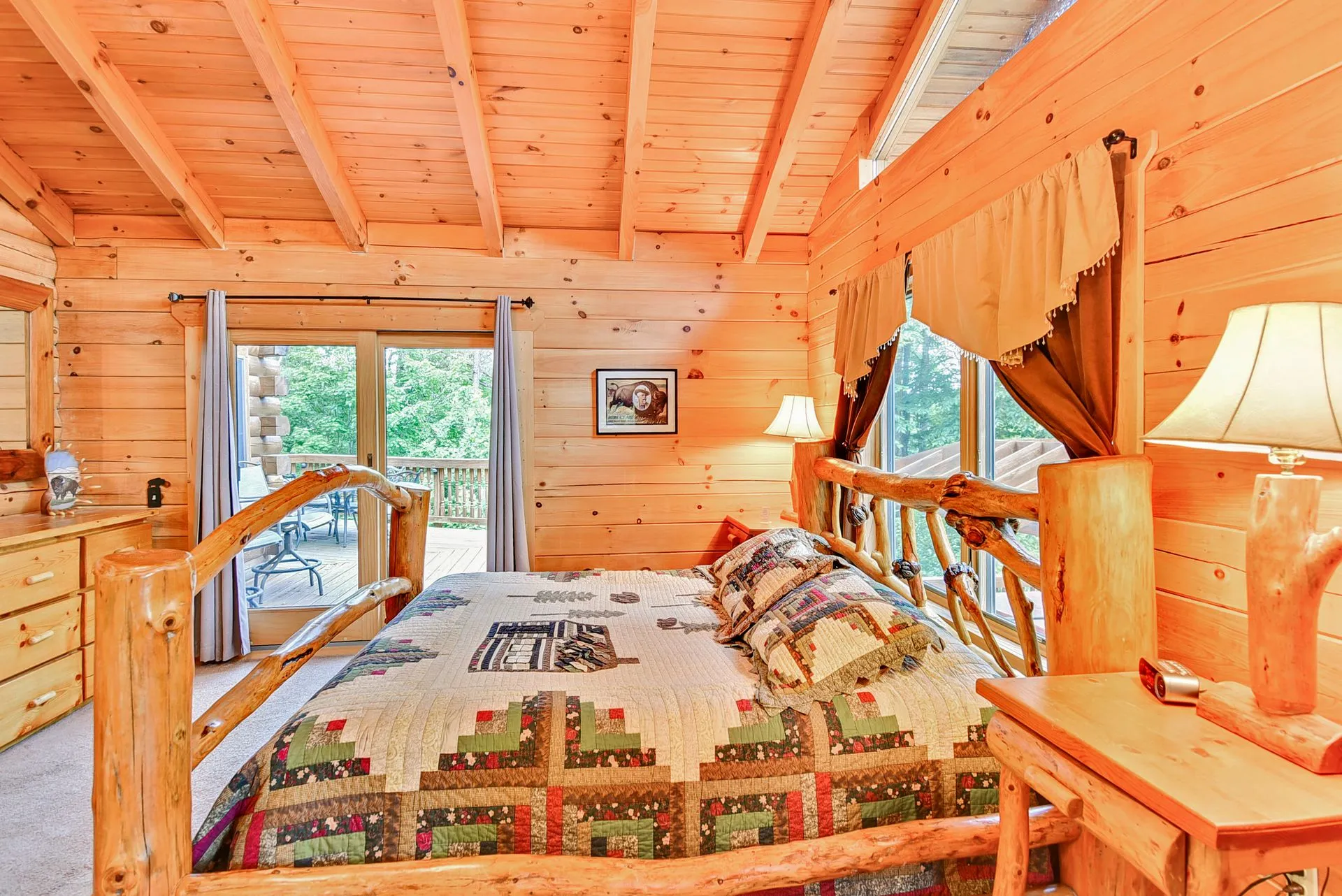 Cozy rustic bedroom with wooden furniture.