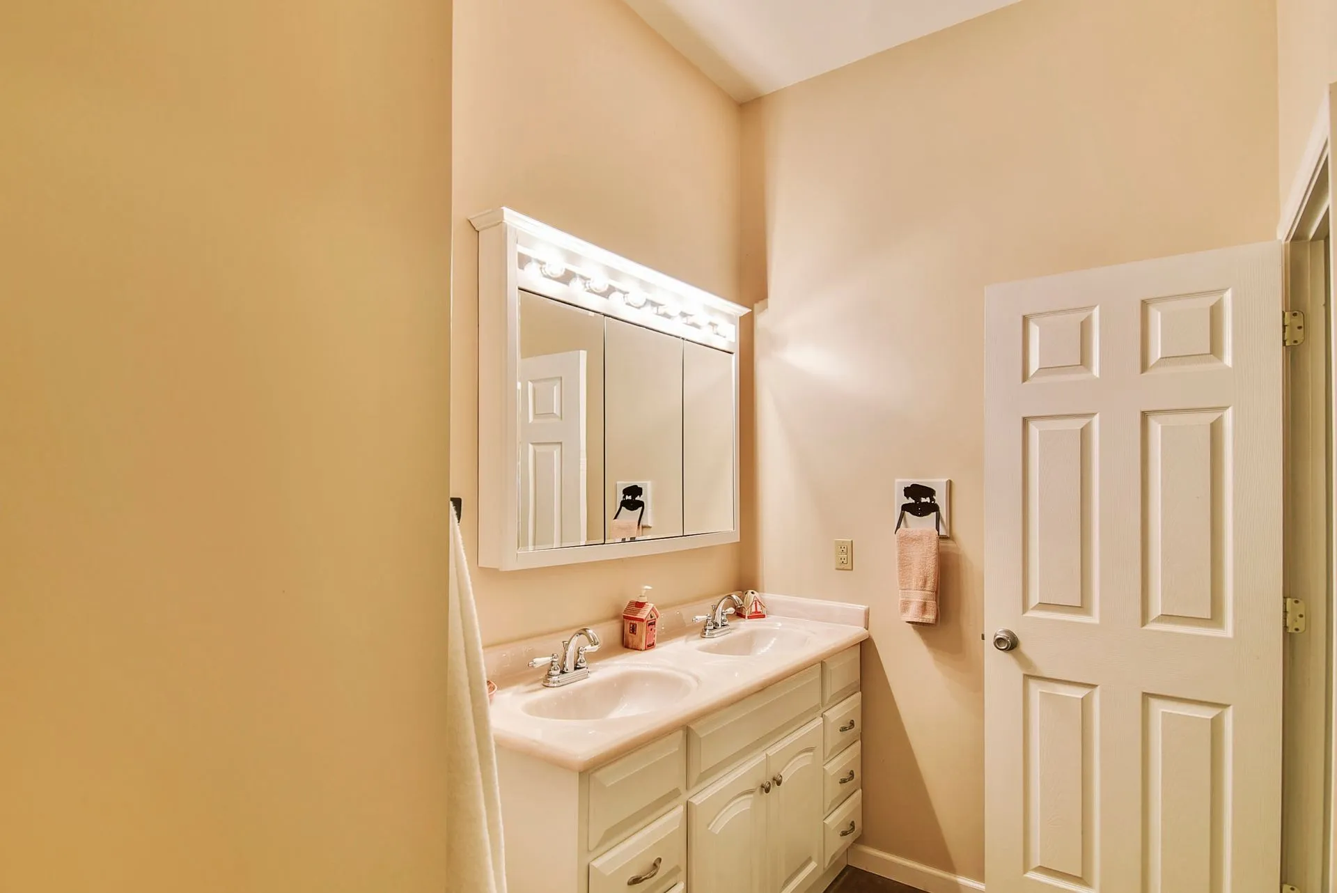Bathroom with mirror and double sink vanity.