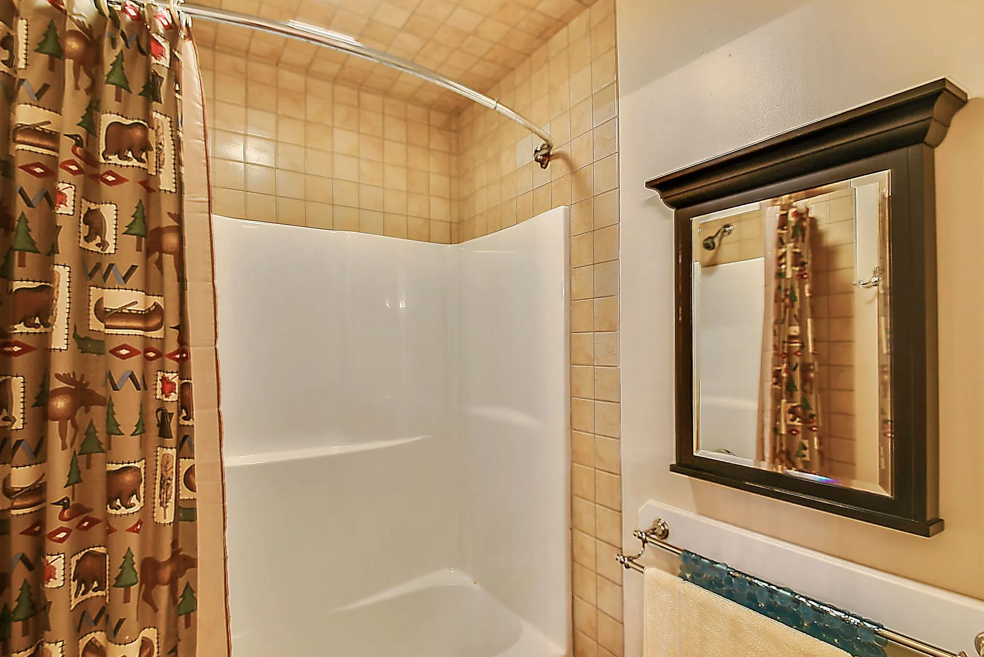 Bathroom with shower and decorative curtain.