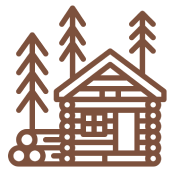Log cabin with pine trees illustration.