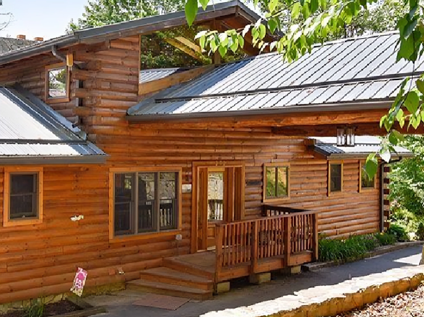 Wooden cabin with metal roof and trees.